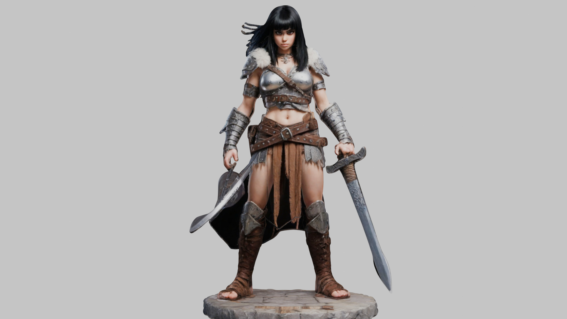 Female Black Hair Barbarian with Bastard Sword - Tabletop Figure Low-poly 3D model_3