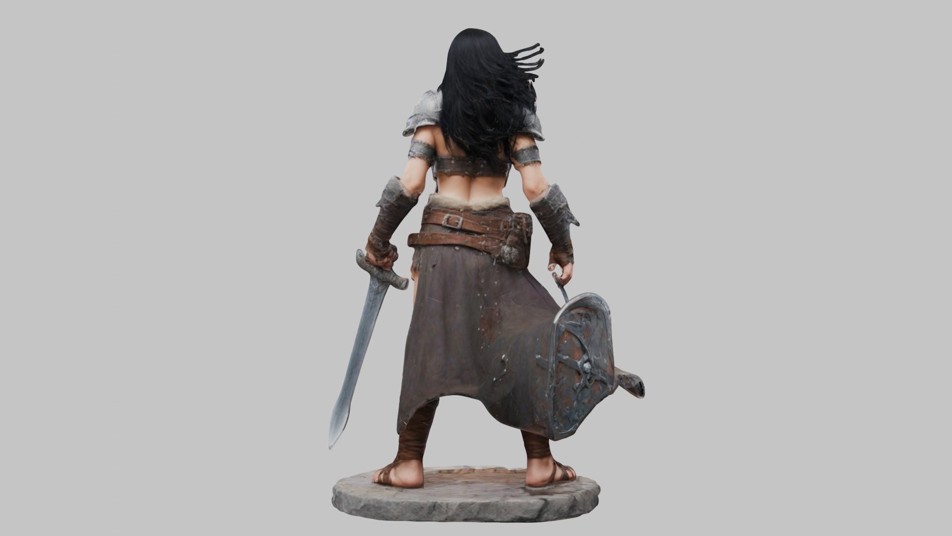 Female Black Hair Barbarian with Bastard Sword - Tabletop Figure Low-poly 3D model_9