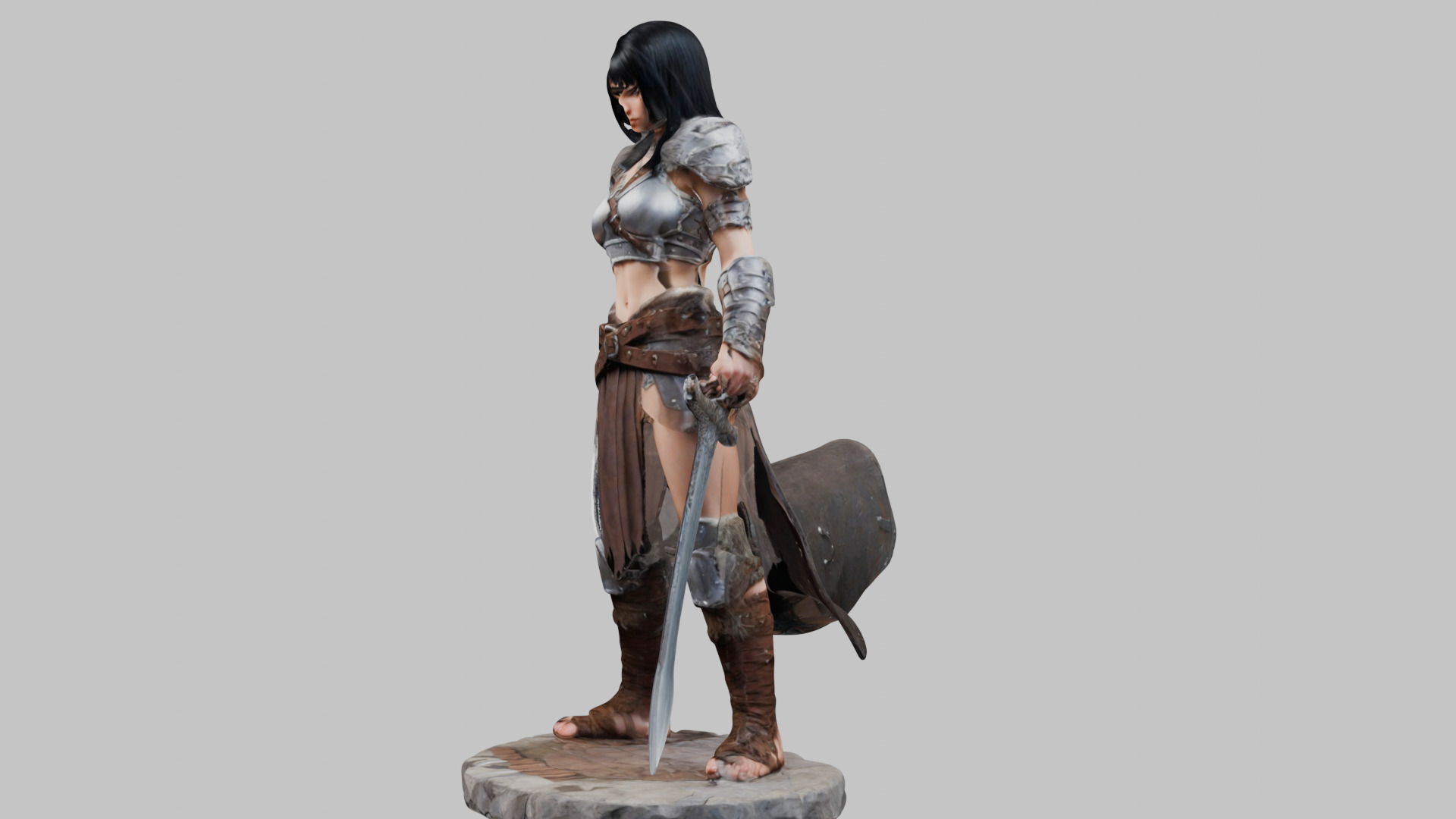 Female Black Hair Barbarian with Bastard Sword - Tabletop Figure Low-poly 3D model_5