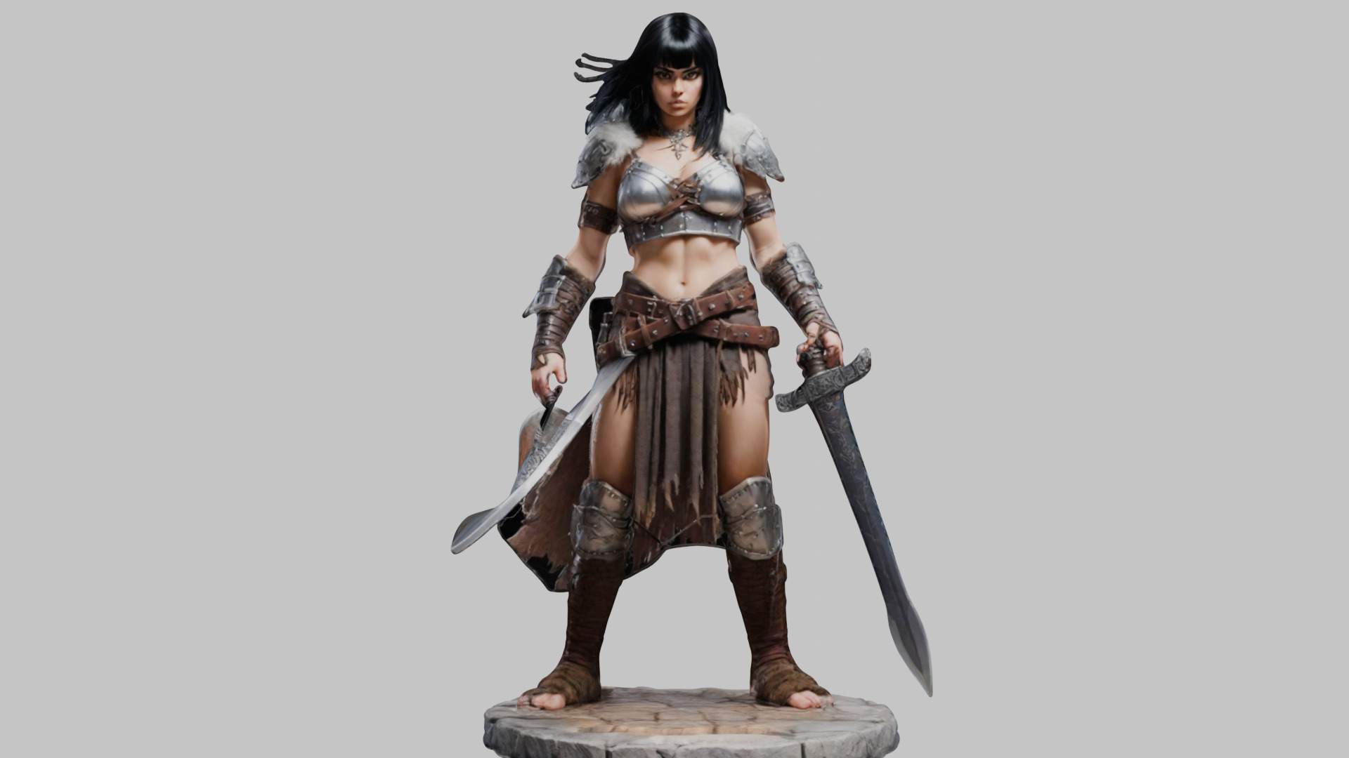 Female Black Hair Barbarian with Bastard Sword - Tabletop Figure Low-poly 3D model_17