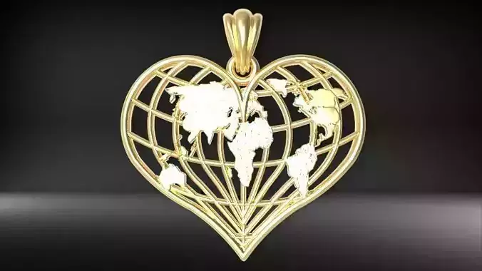 World Map Necklace Heart shape Pendant