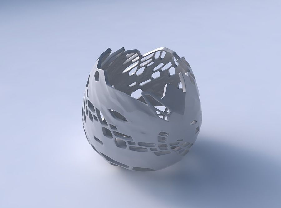 Bowl compressed and twisted with organic skin with holes 3D print model_3