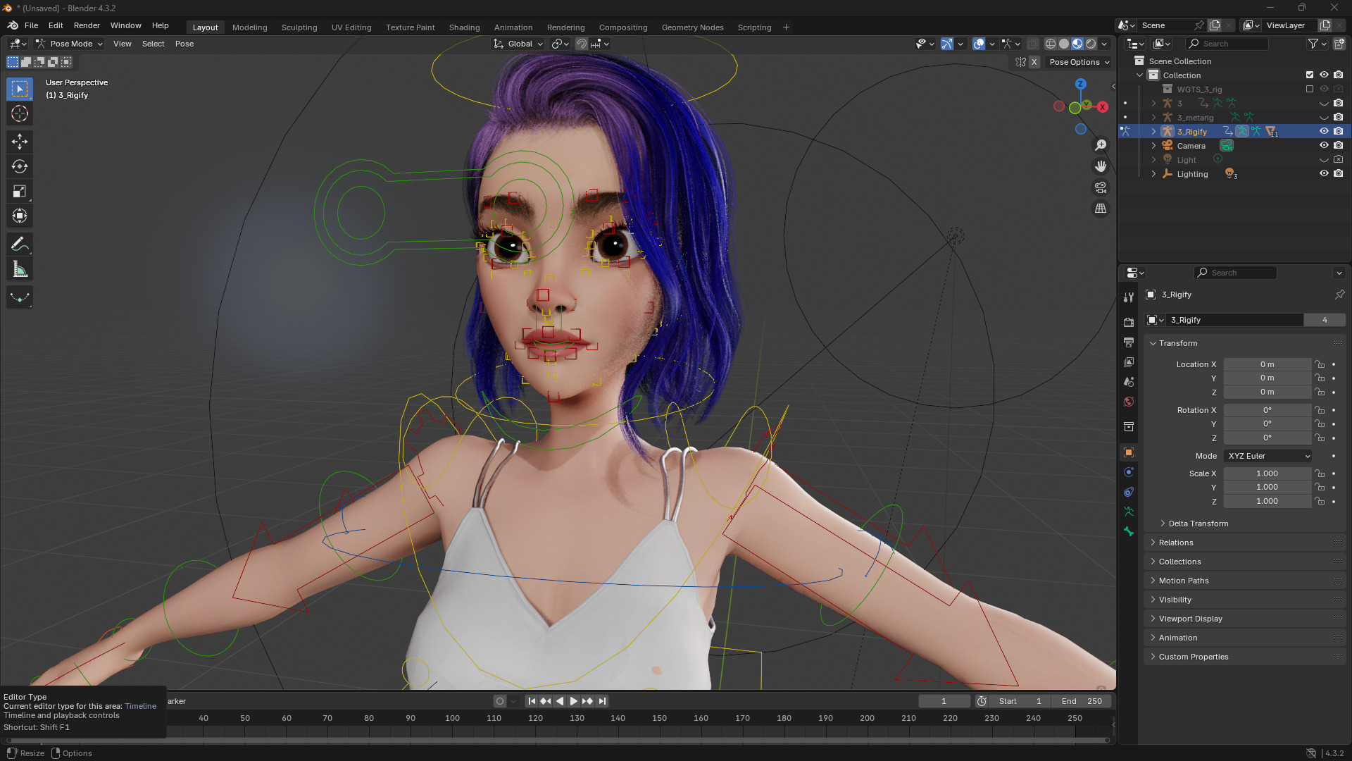 Purple Hair Rigged Stylized 3D Girl with Vibrant Hair Low-poly 3D model_14