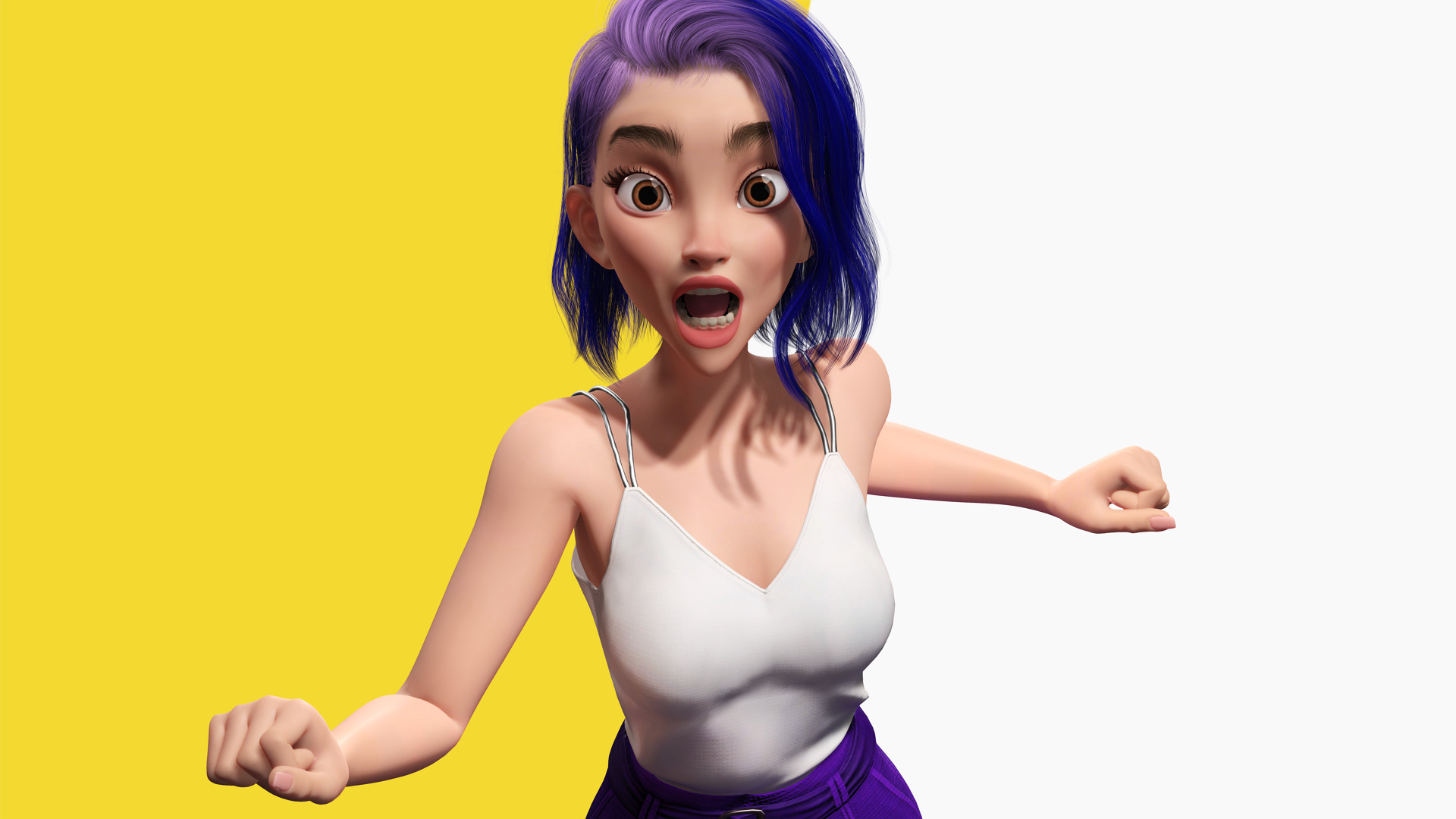 Purple Hair Rigged Stylized 3D Girl with Vibrant Hair Low-poly 3D model_6