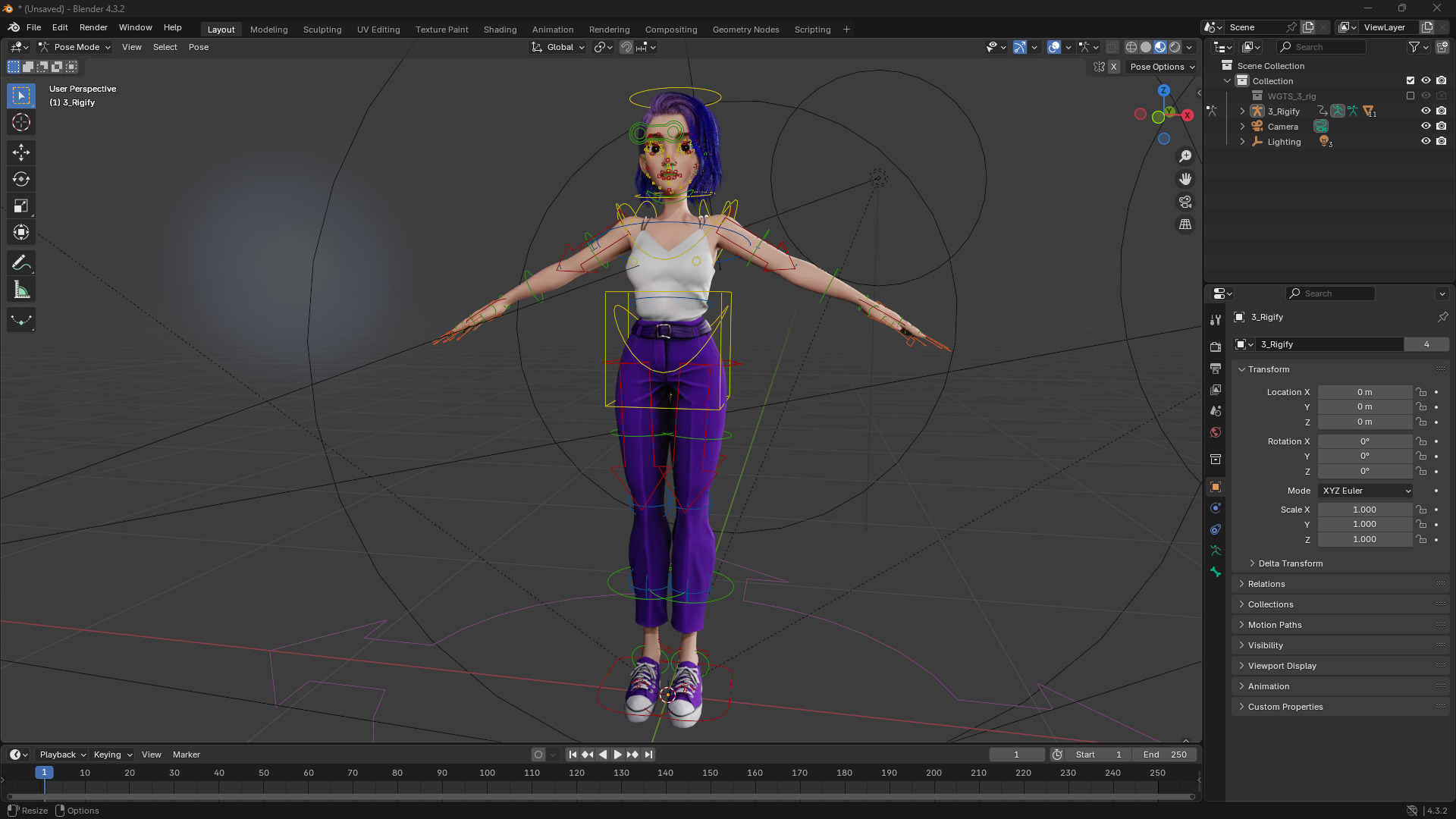 Purple Hair Rigged Stylized 3D Girl with Vibrant Hair Low-poly 3D model_15
