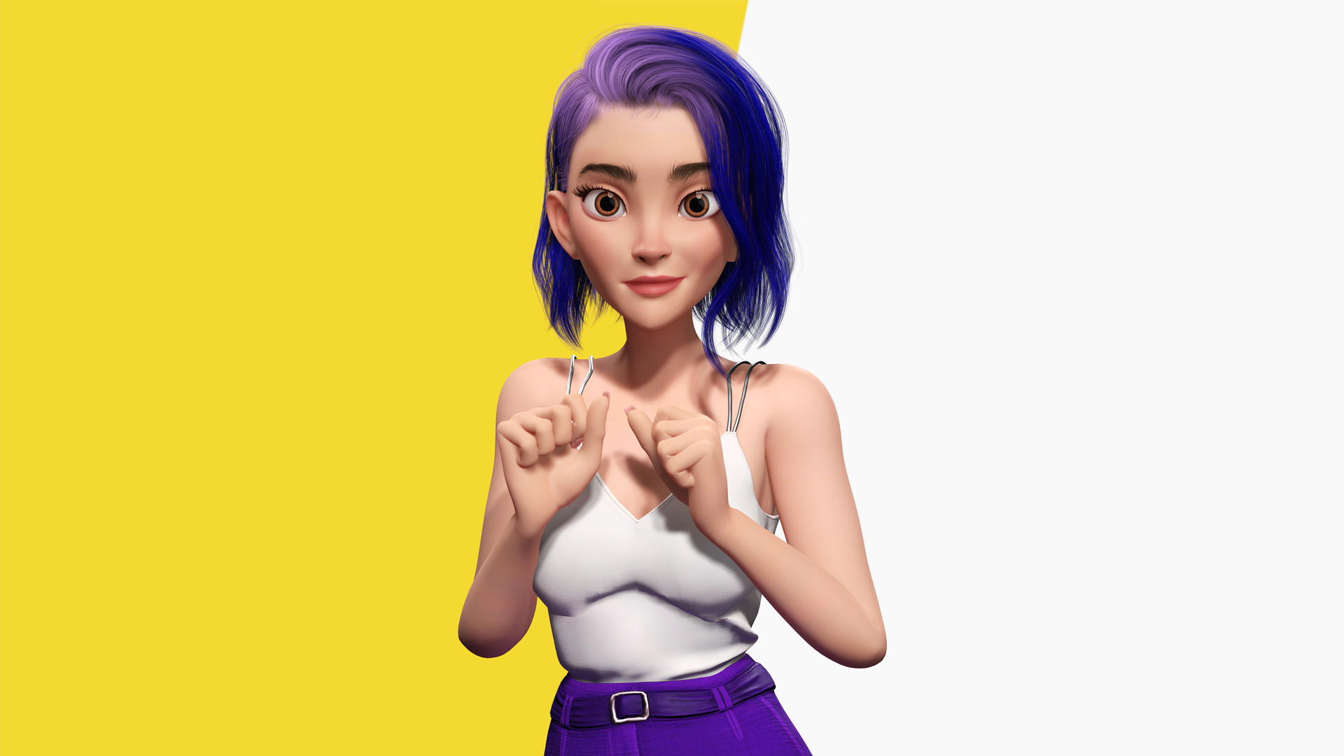 Purple Hair Rigged Stylized 3D Girl with Vibrant Hair Low-poly 3D model_12