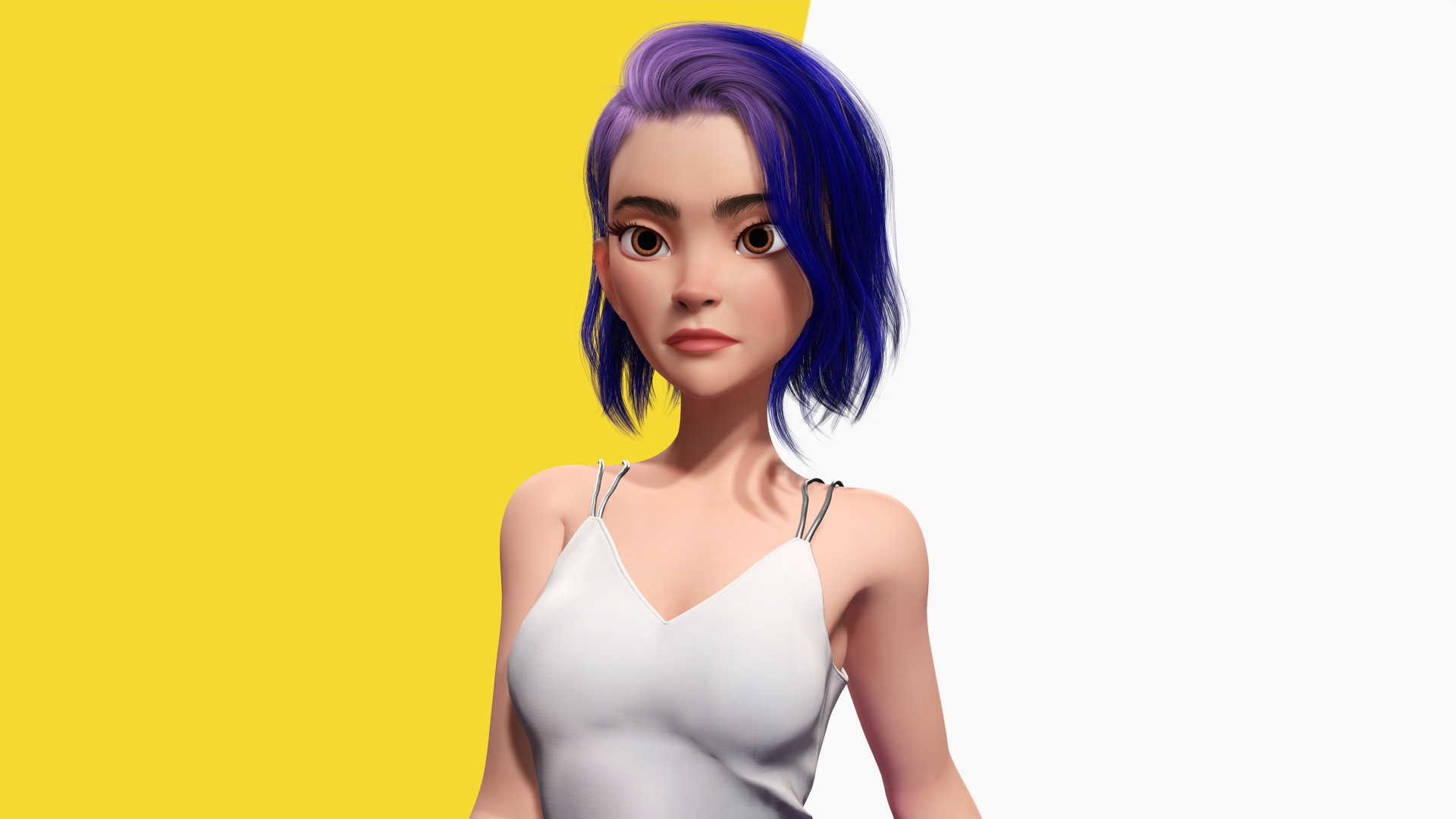 Purple Hair Rigged Stylized 3D Girl with Vibrant Hair Low-poly 3D model_8