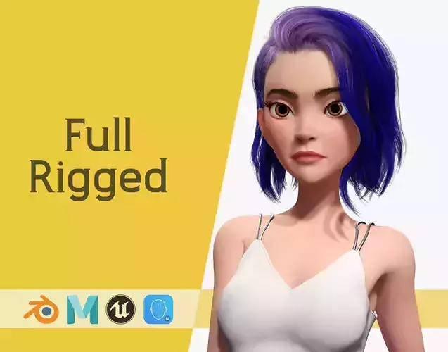 Purple Hair Rigged Stylized 3D Girl with Vibrant Hair  Low-poly 3D model