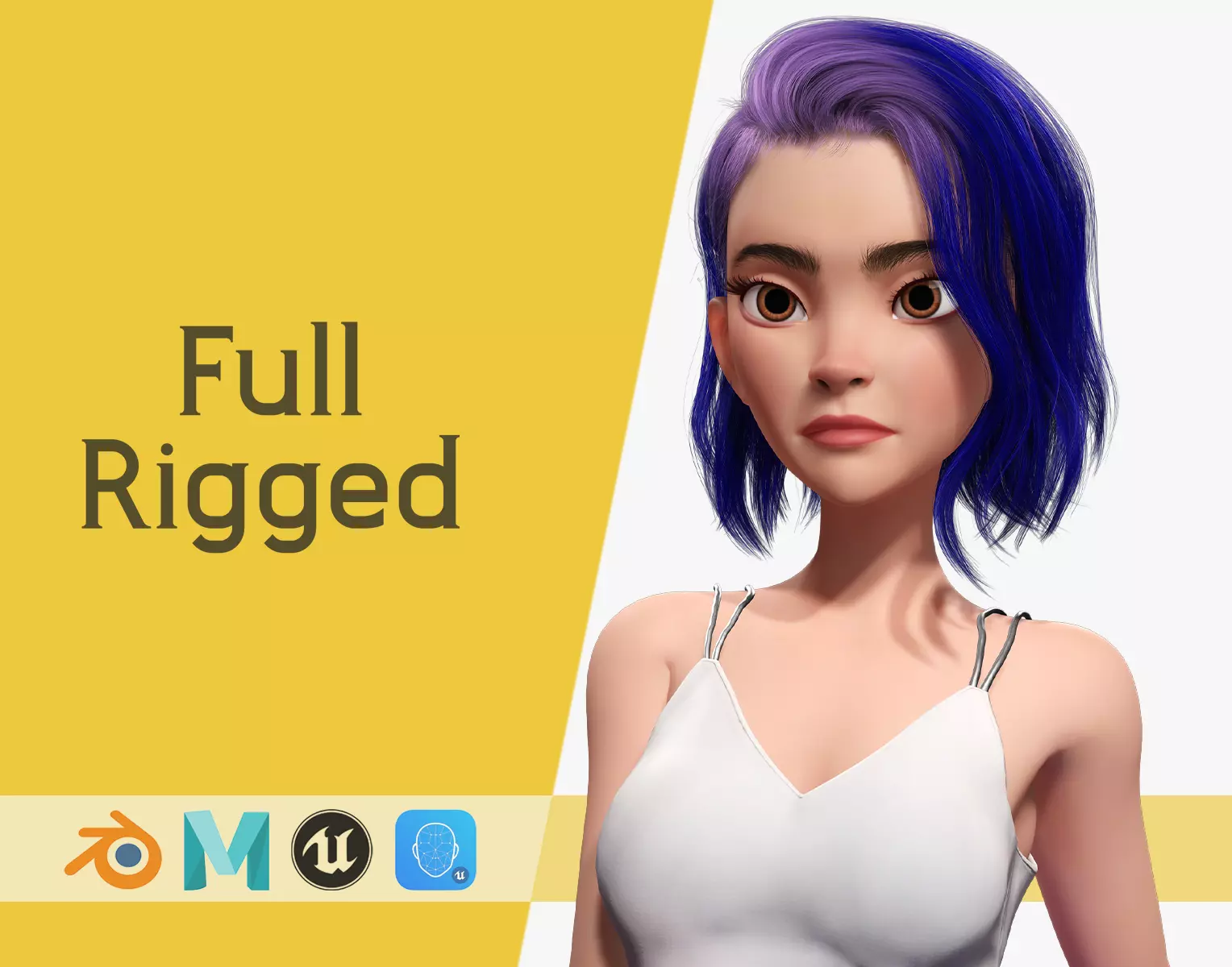 Purple Hair Rigged Stylized 3D Girl with Vibrant Hair Low-poly 3D model_0