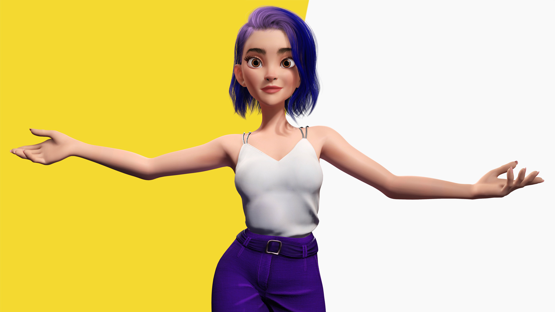 Purple Hair Rigged Stylized 3D Girl with Vibrant Hair Low-poly 3D model_2