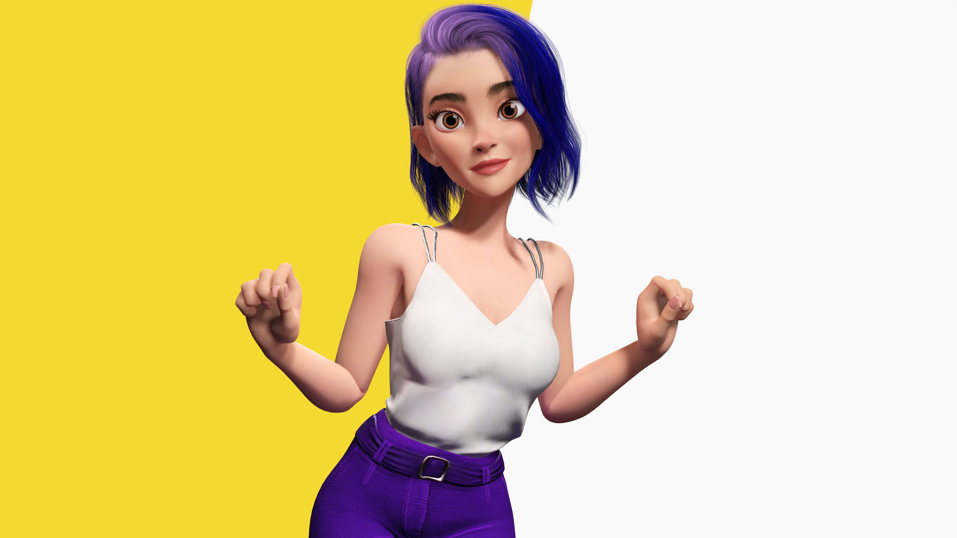 Purple Hair Rigged Stylized 3D Girl with Vibrant Hair Low-poly 3D model_10