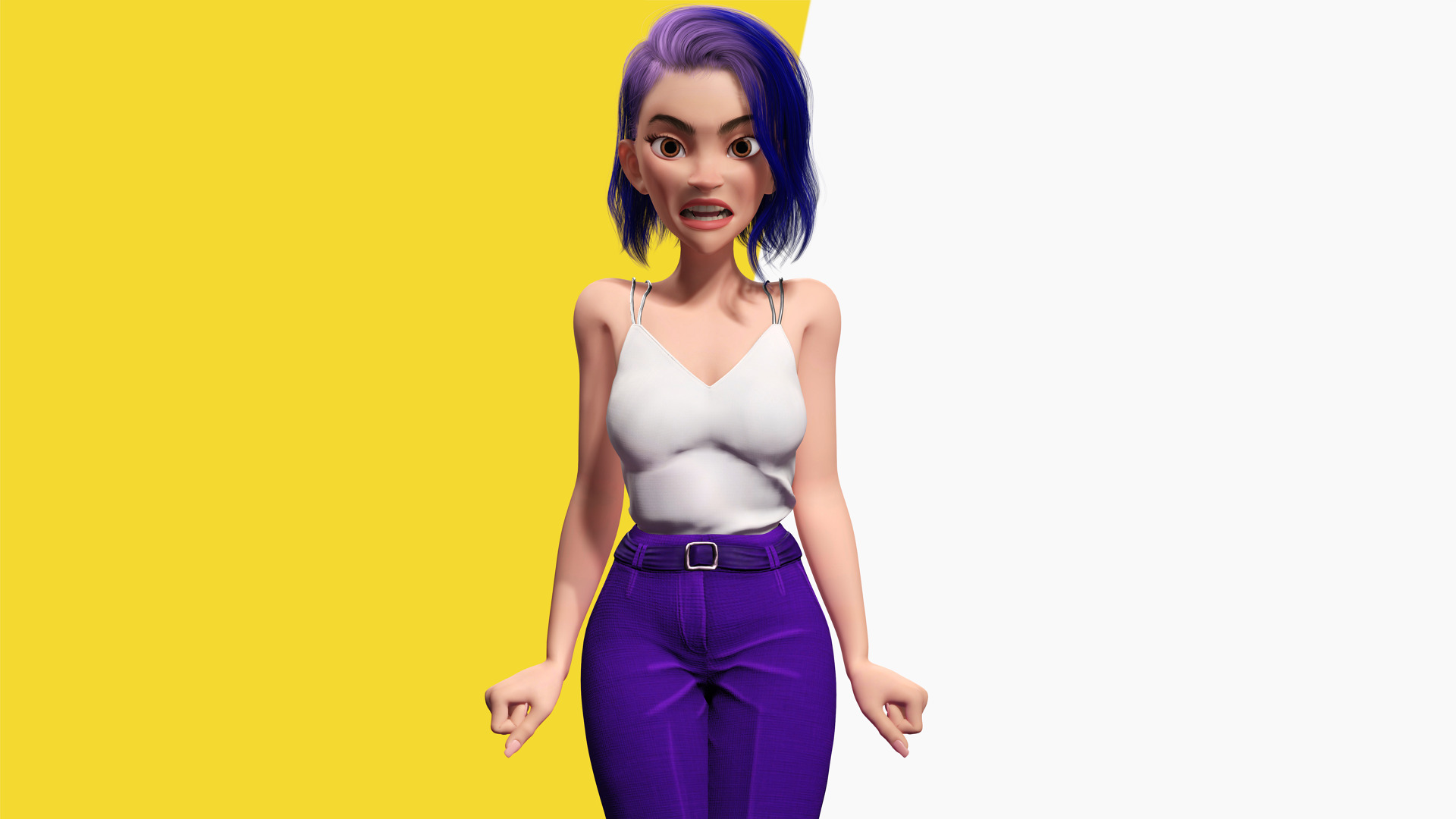 Purple Hair Rigged Stylized 3D Girl with Vibrant Hair Low-poly 3D model_7