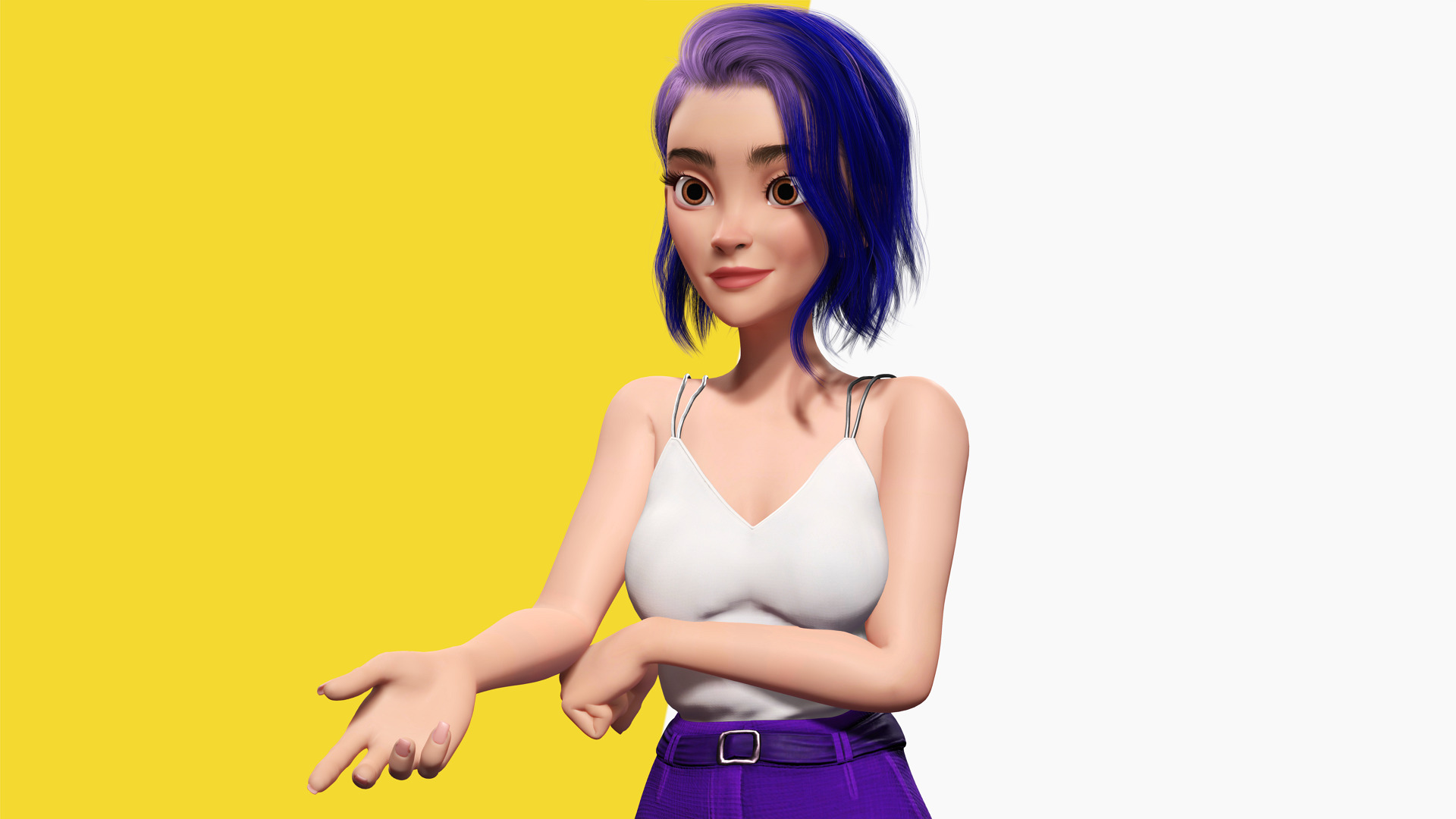 Purple Hair Rigged Stylized 3D Girl with Vibrant Hair Low-poly 3D model_1