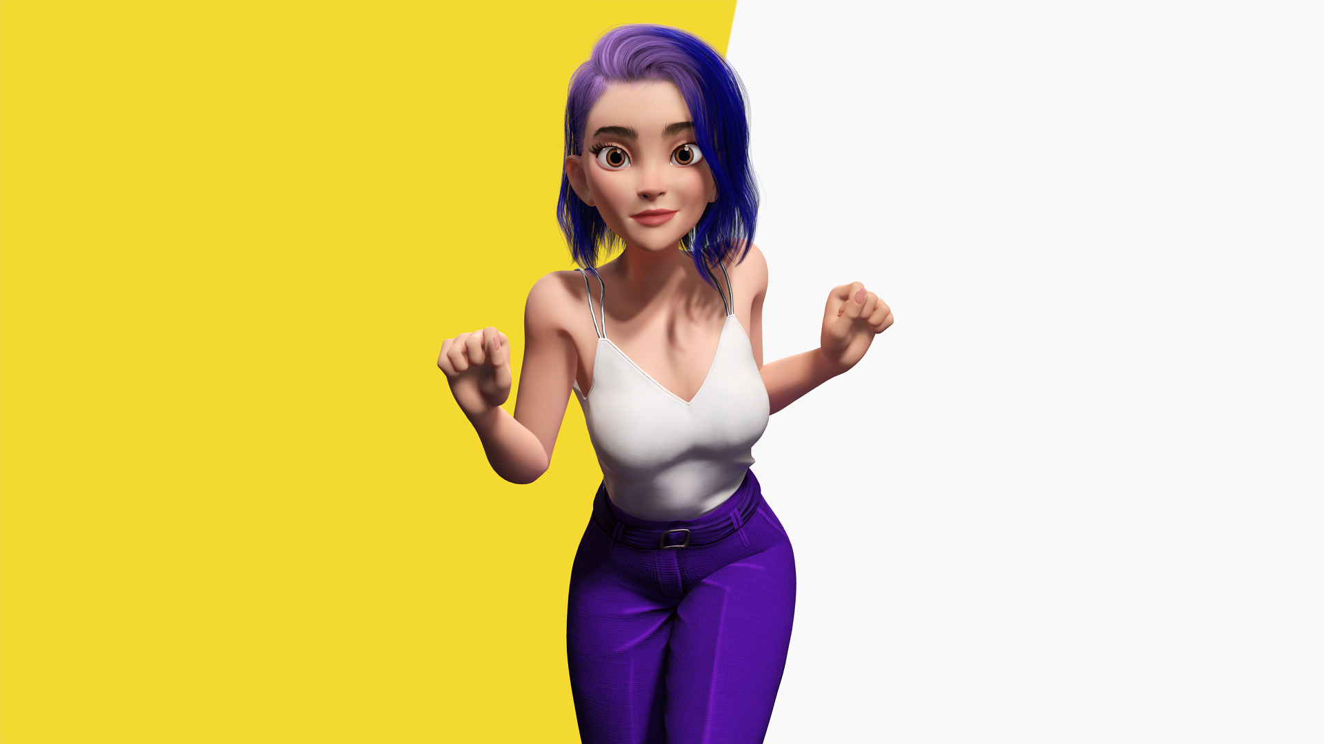 Purple Hair Rigged Stylized 3D Girl with Vibrant Hair Low-poly 3D model_5