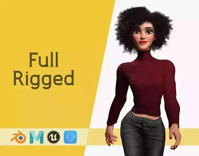 Red Turtleneck Rigged Stylized Young Woman 3D Character