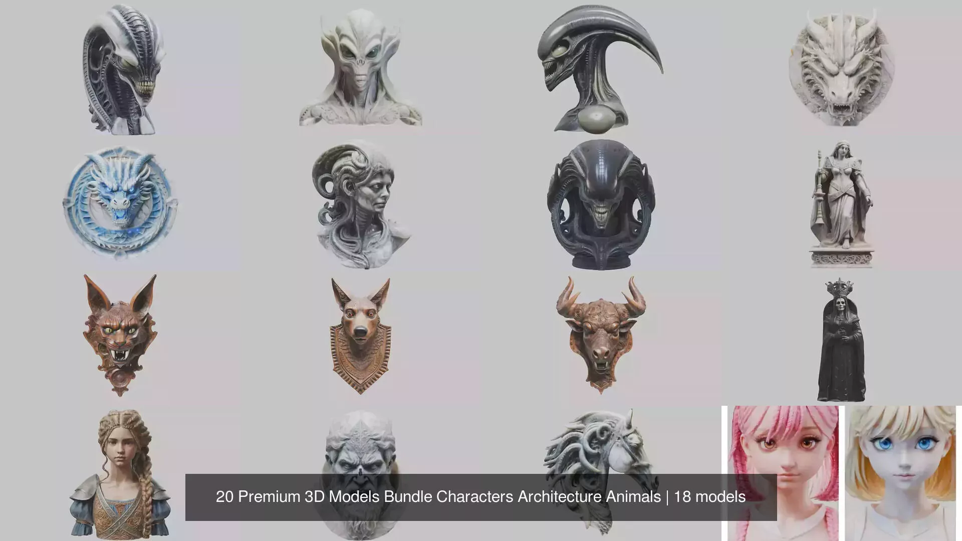 20 Premium 3D Models Bundle Characters Architecture Animals 3D Model Pack