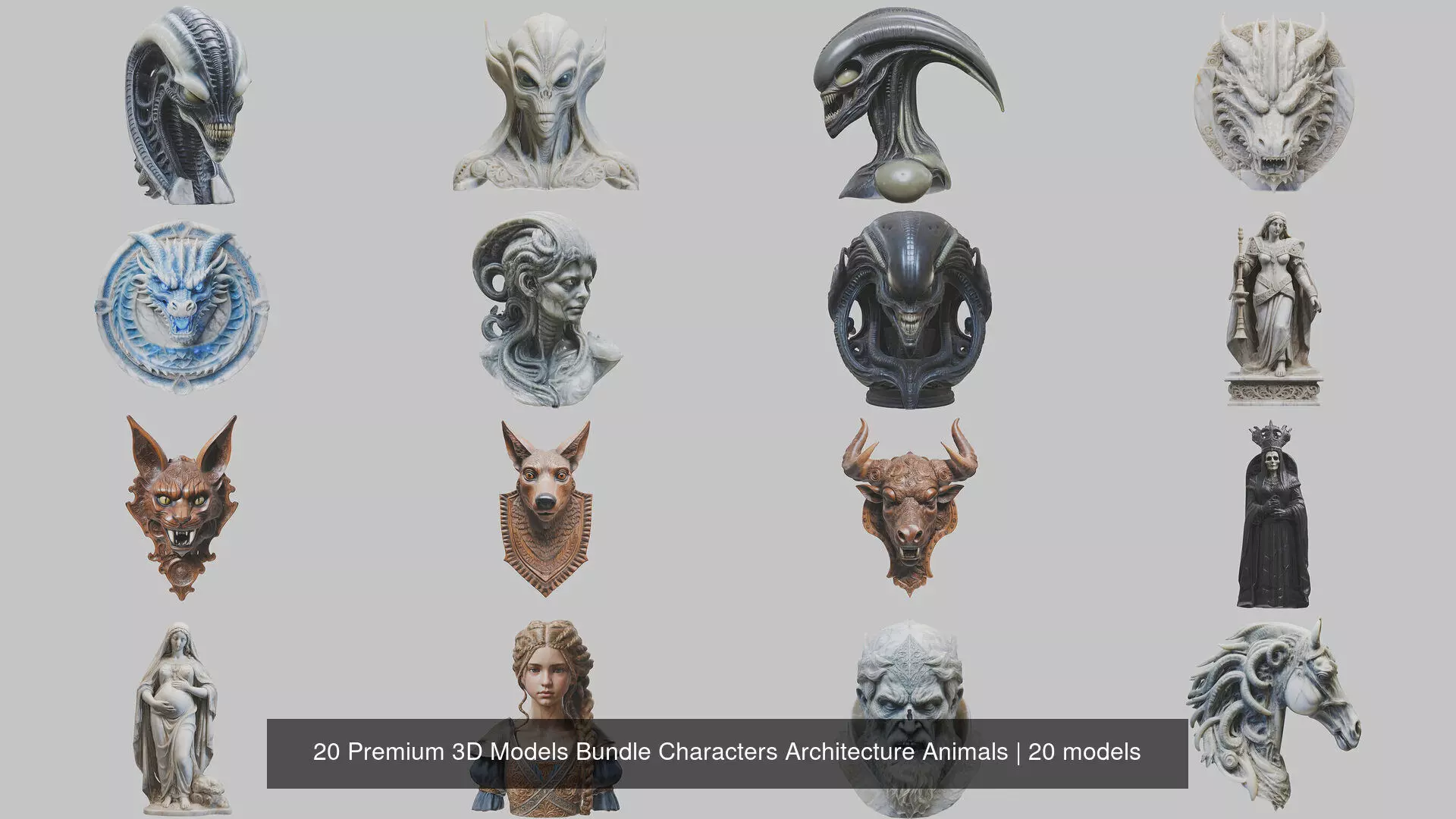 20 Premium 3D Models Bundle Characters Architecture Animals 3D Model Collection_0