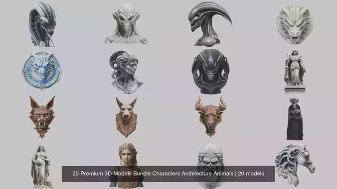 20 Premium 3D Models Bundle Characters Architecture Animals 3D Model Collection