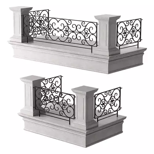 Classic Balcony with Wrought Iron Railings and Square Columns 3D model