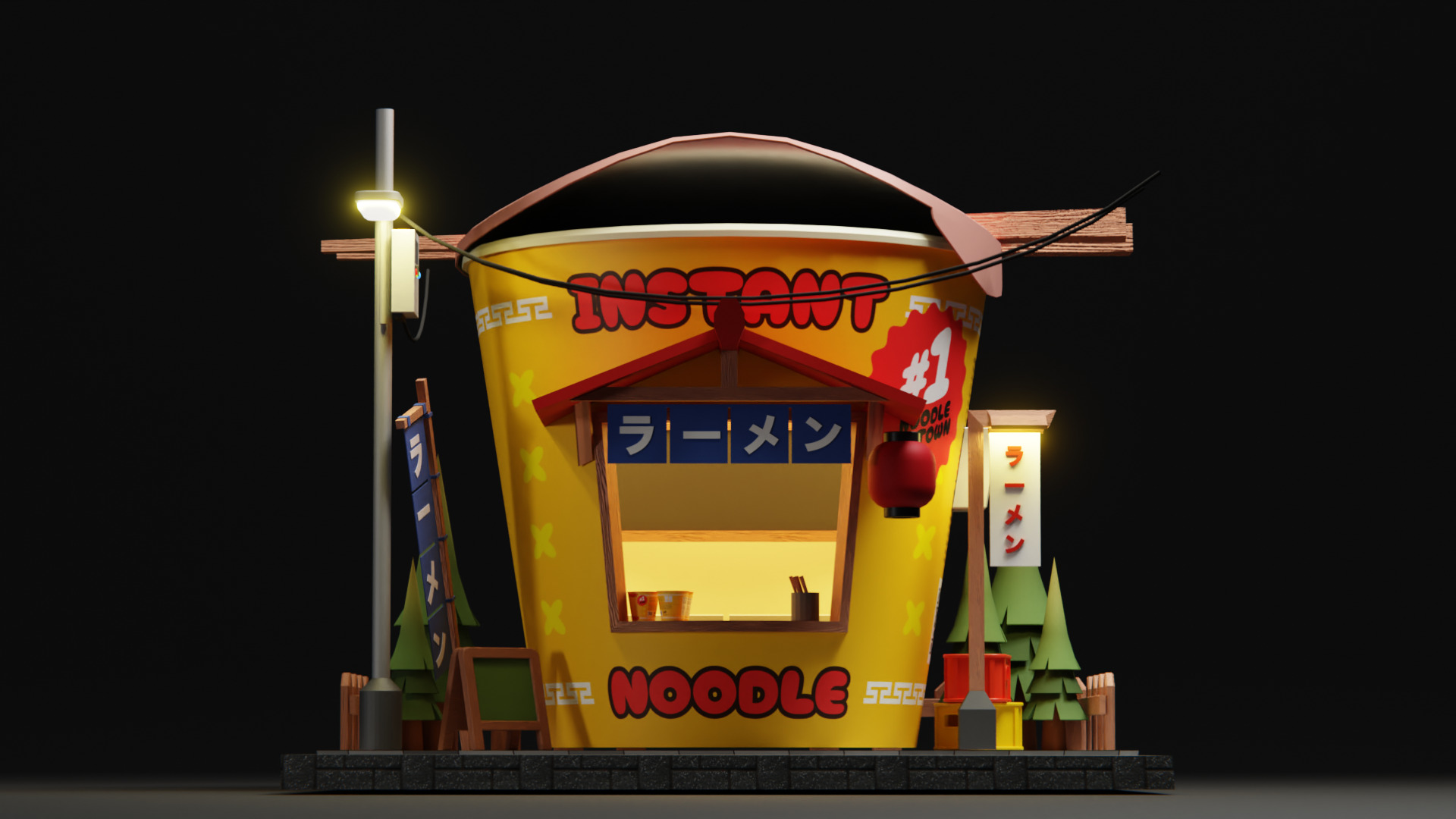 Instant ramen Stall - Cartoon Game Isometric Low-poly 3D model_2