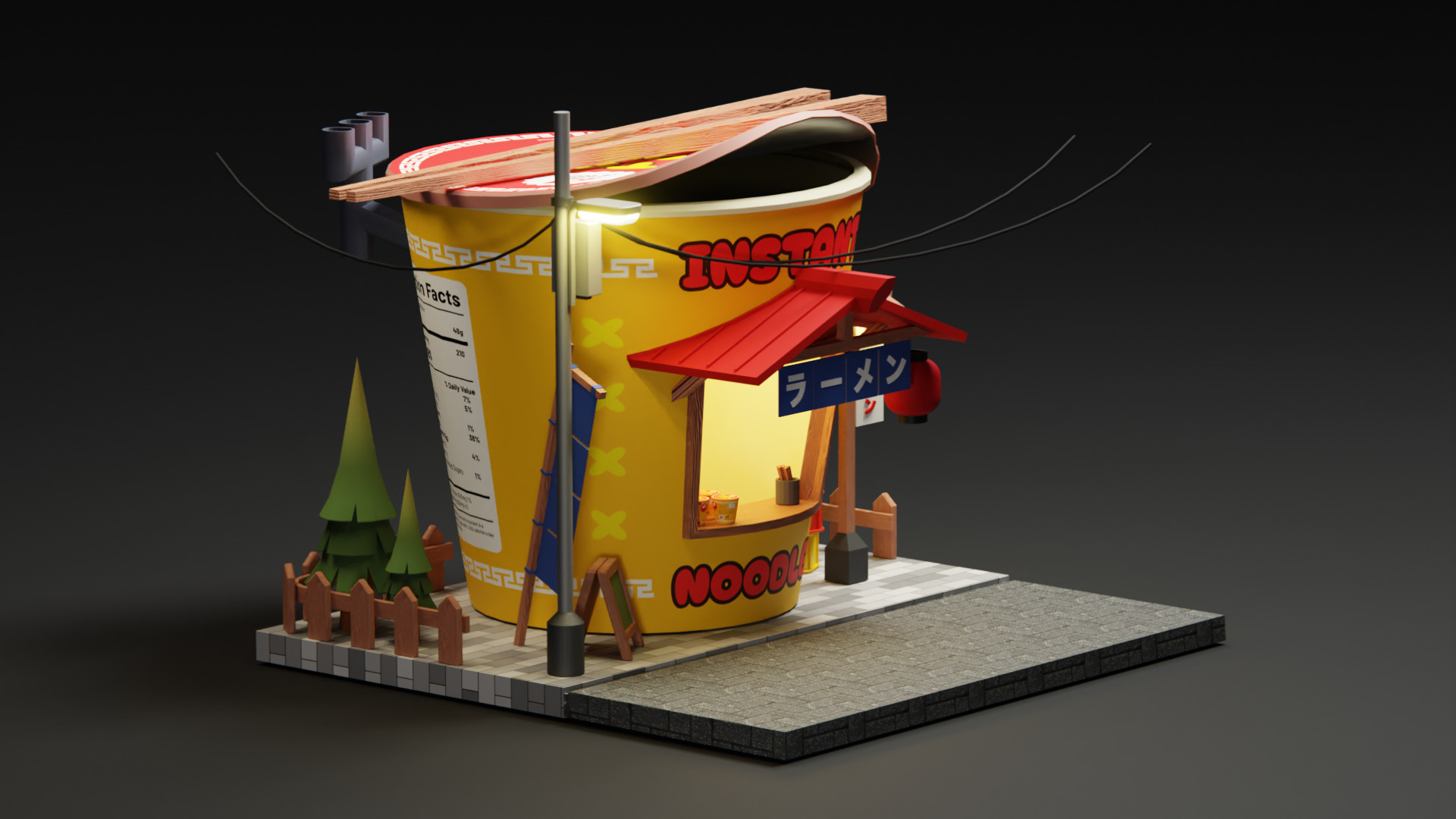 Instant ramen Stall - Cartoon Game Isometric Low-poly 3D model_5