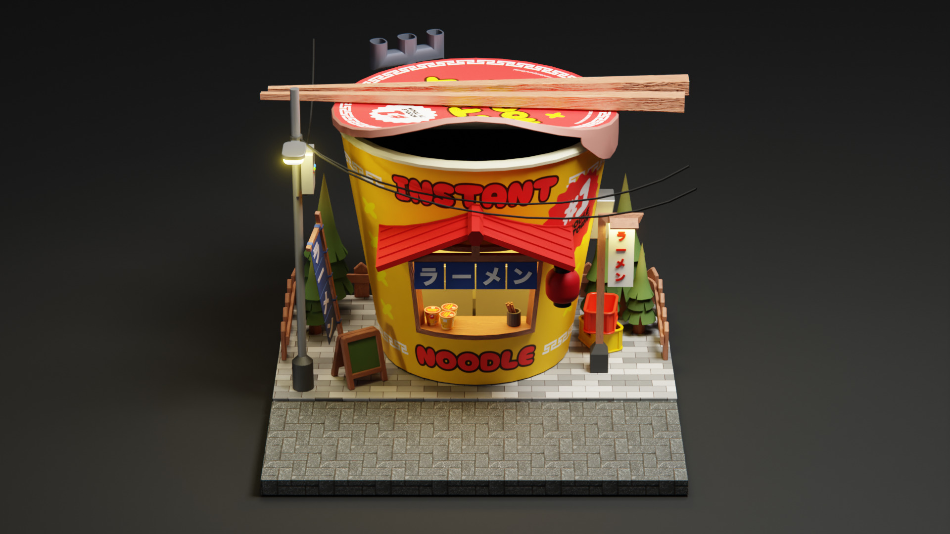 Instant ramen Stall - Cartoon Game Isometric Low-poly 3D model_4