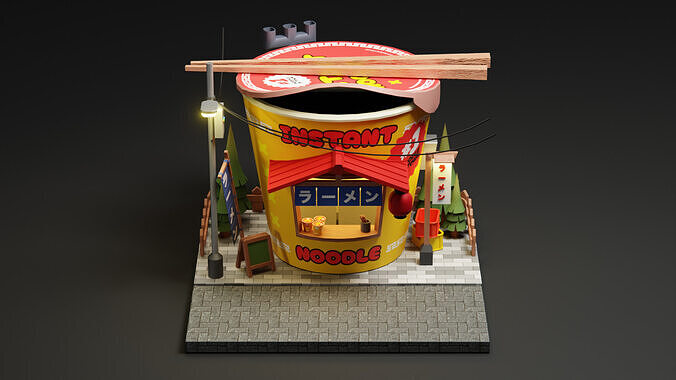 Instant ramen Stall - Cartoon Game Isometric Low-poly 3D model 5