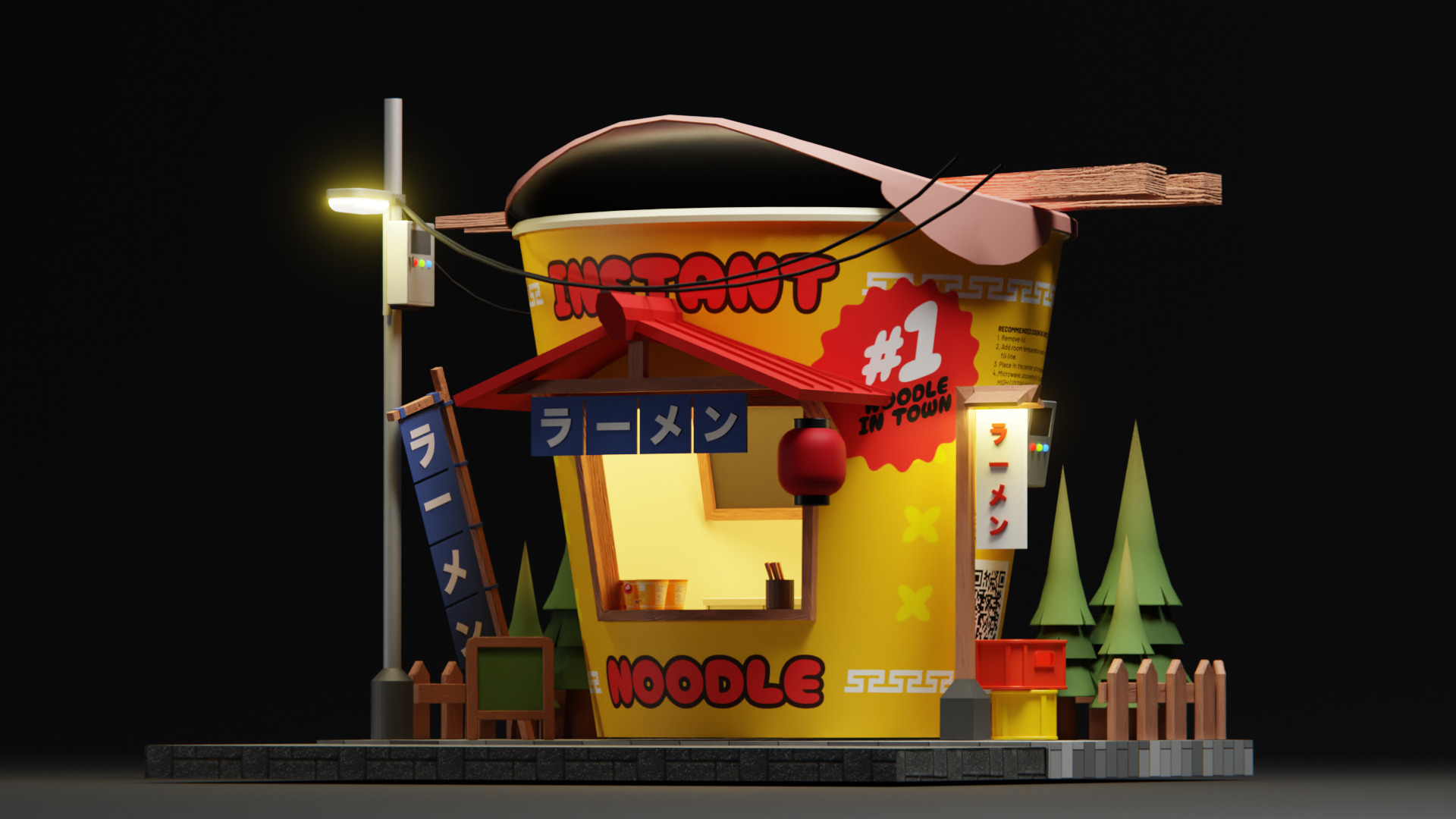 Instant ramen Stall - Cartoon Game Isometric Low-poly 3D model_3