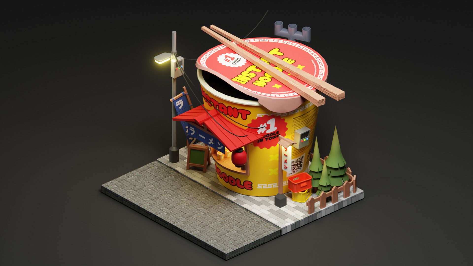 Instant ramen Stall - Cartoon Game Isometric Low-poly 3D model_1