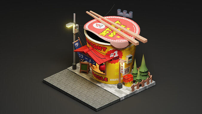 Instant ramen Stall - Cartoon Game Isometric Low-poly 3D model 2