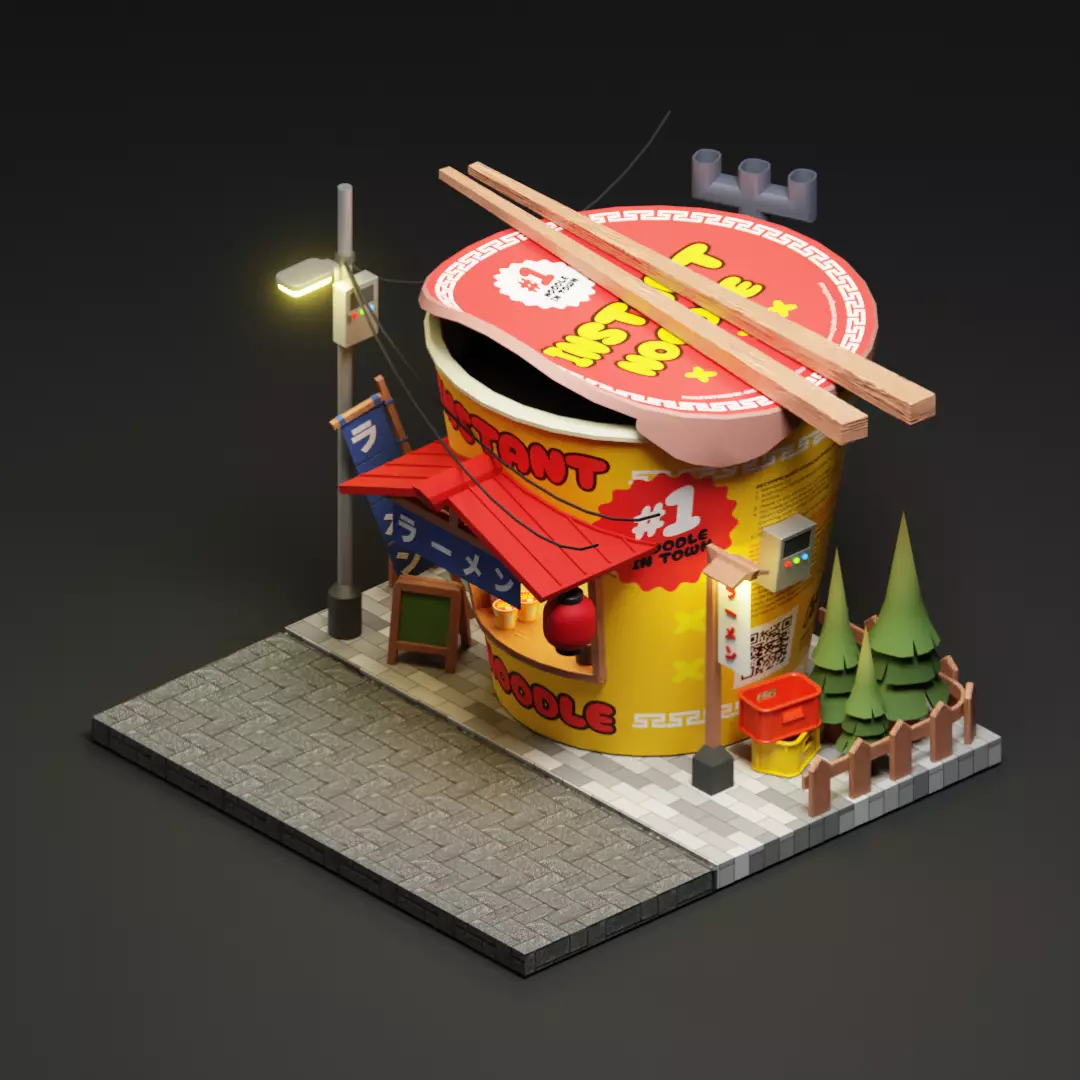 Instant ramen Stall - Cartoon Game Isometric Low-poly 3D model_0