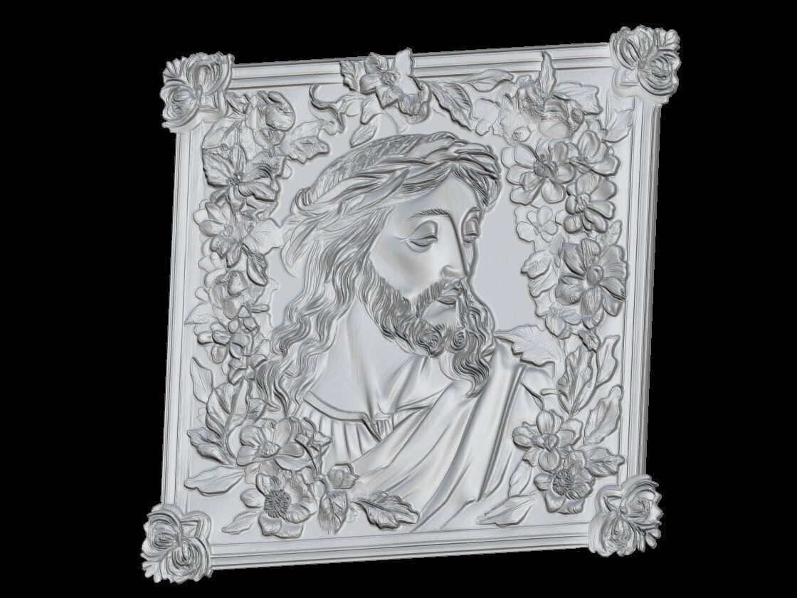 Jesus Christ 3D Relief Panel with Floral Frame 3D print model_2