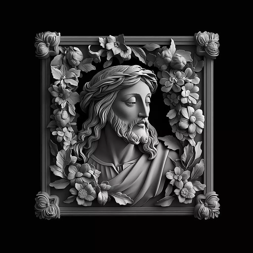 Jesus Christ 3D Relief Panel with Floral Frame 3D print model_0