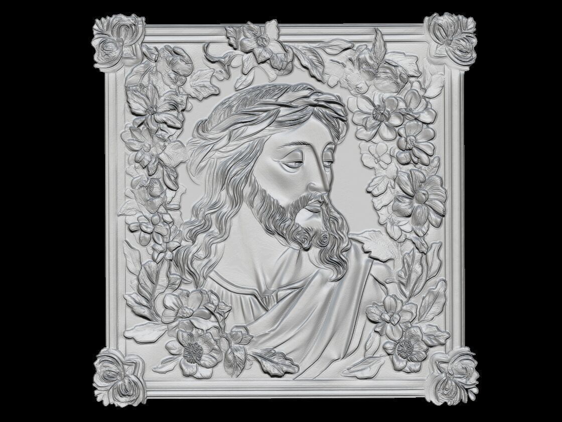 Jesus Christ 3D Relief Panel with Floral Frame 3D print model_1