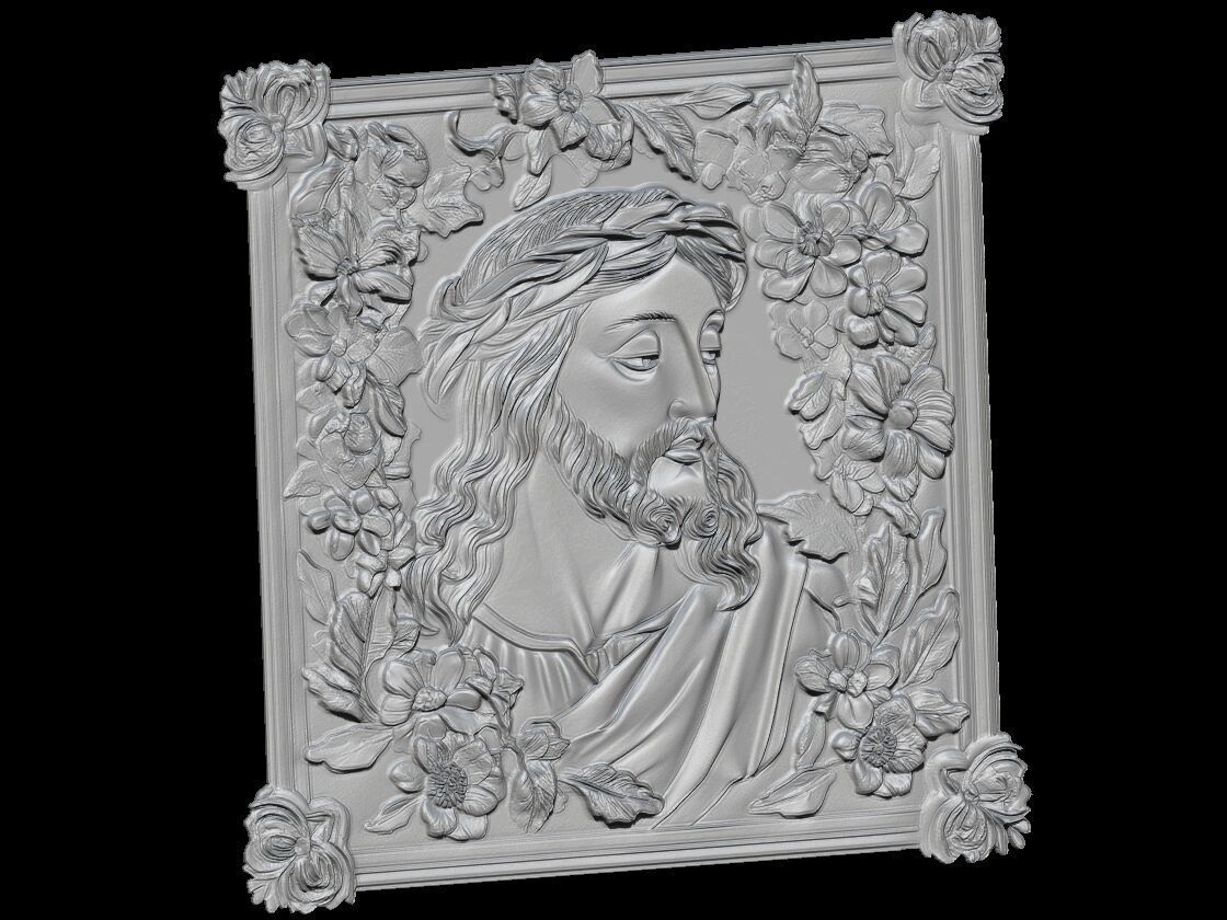 Jesus Christ 3D Relief Panel with Floral Frame 3D print model_3
