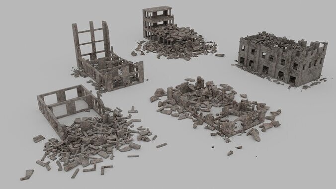 Ruined Buildings  - Game Ready - PBR Low-poly 3D model