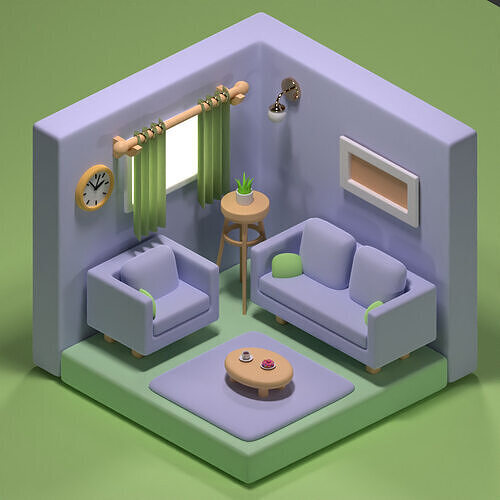  Isometric Stylized Living Room 3D Model Low-poly 3D model