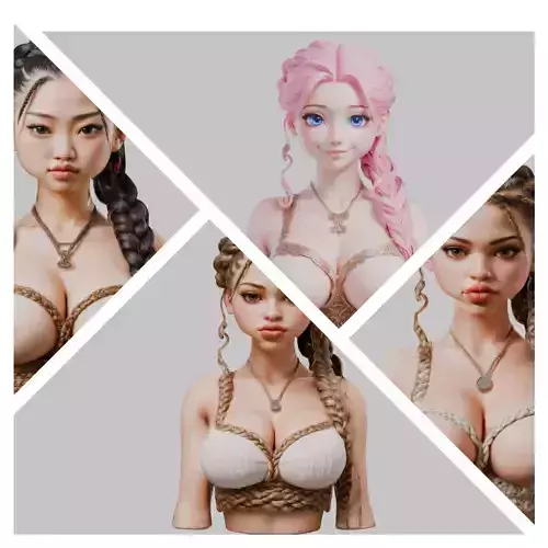 4 IN 1 BUSTY YOUNG GIRL BUST 3D MODEL Asian Anime Occidental Low-poly 3D model