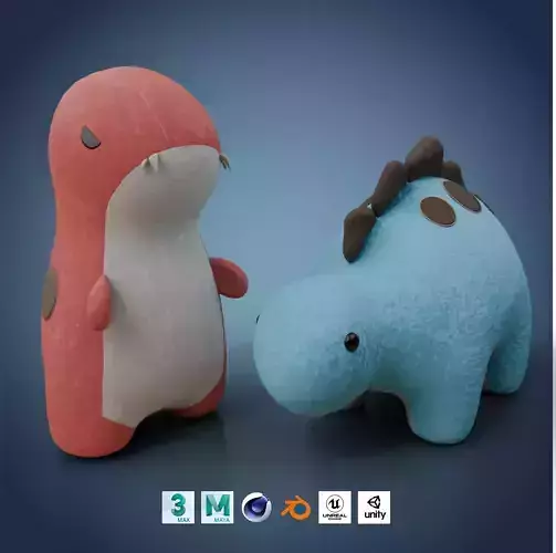 Dinosaur Plush Toys Duo Set - Stegosaurus and T-Rex 3D Model Collection