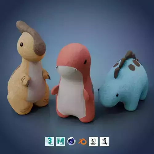 Dinosaur Plush Toys Trio Set 3D Model Collection