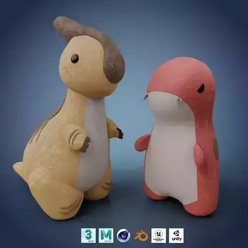 Dinosaur Plush Toys Duo Set - T-Rex and Parasaurolophus 3D Model Collection