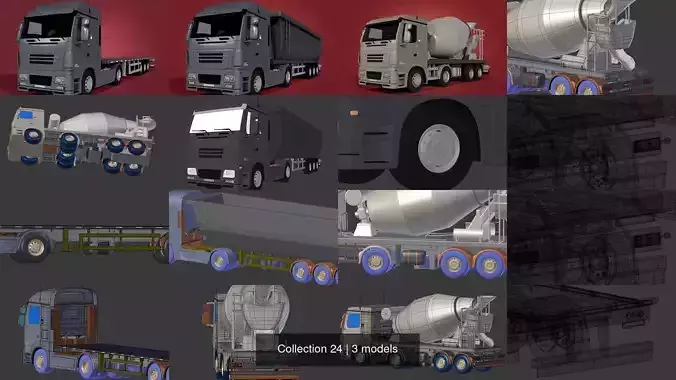 Generic Heavy Truck - Cement Mixer - Construction - Flat Bed 3D Model Collection