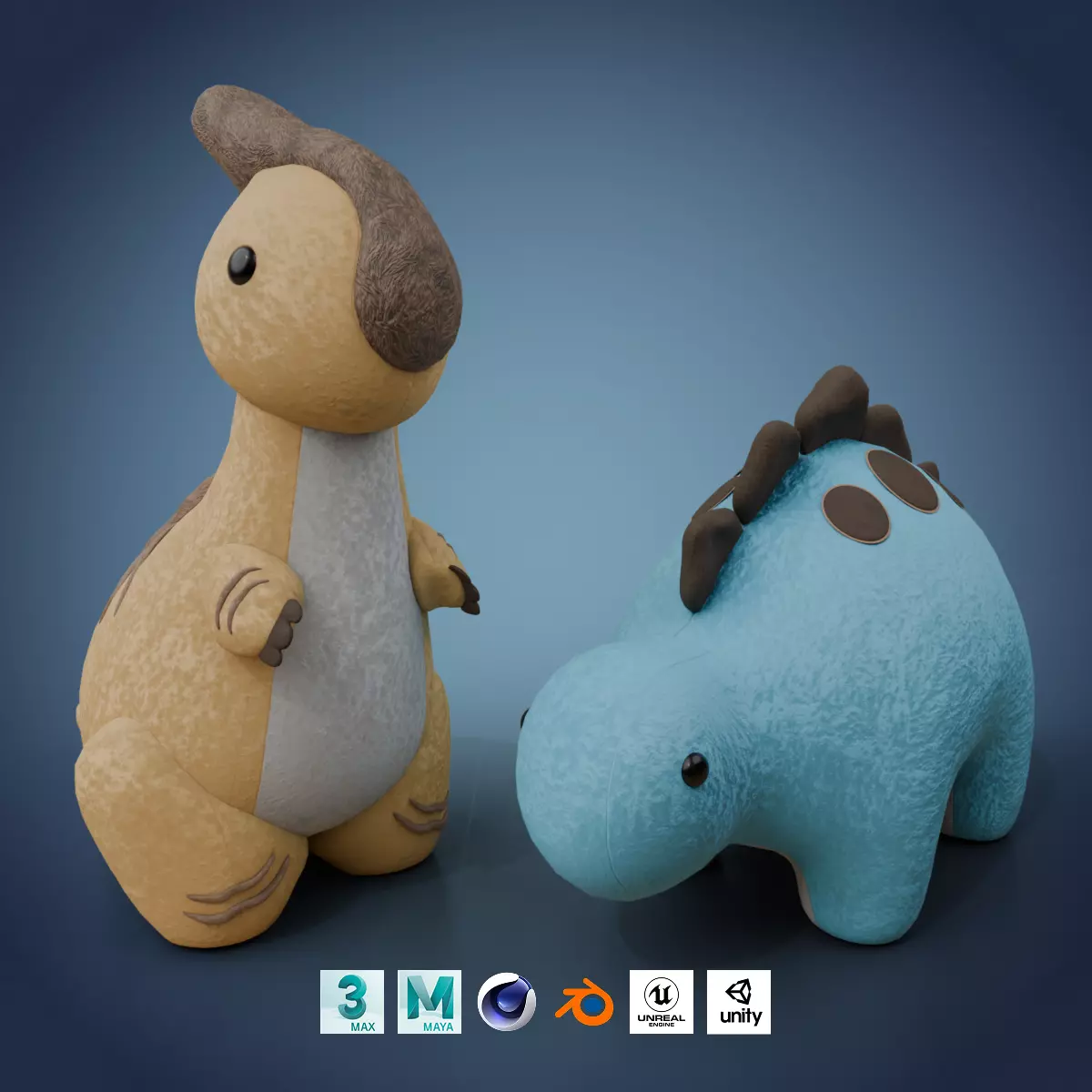 Dinosaur Plush Toys Duo Set - Stegosaurus and Parasaurolophus 3D Model Pack