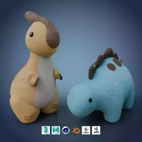 Dinosaur Plush Toys Duo Set - Stegosaurus and Parasaurolophus 3D Model Collection