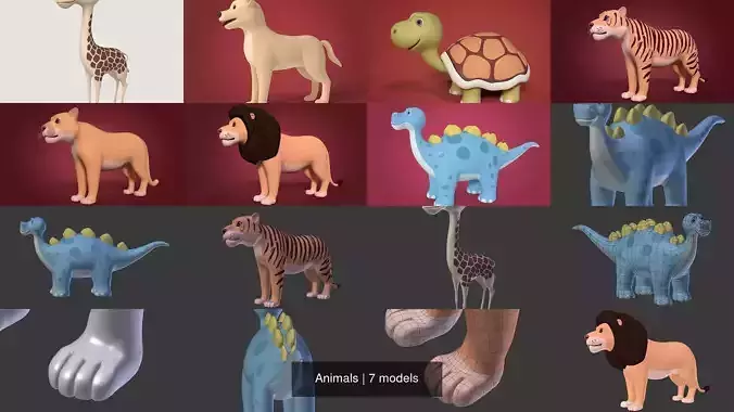 Cartoon Animals - Dog Lion Tiger Cougar Giraffe Turtle Dinosaur