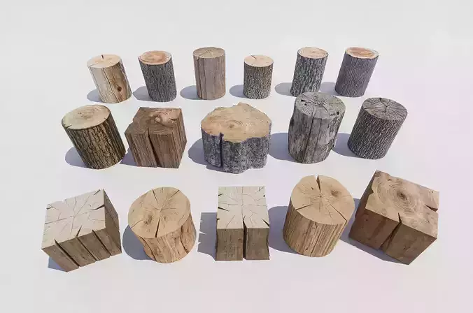 Wooden stakes 16 piece 3D model set