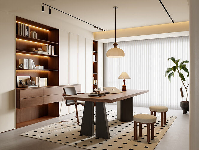 office modern home with bookcase 007 3D model