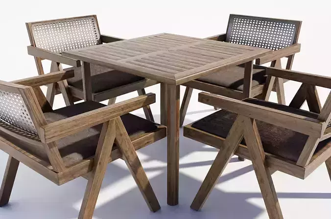 Outdoor wooden dining table and chairs 3D model