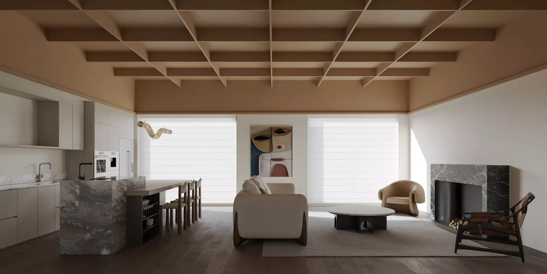 Modern living and dining room 3D model