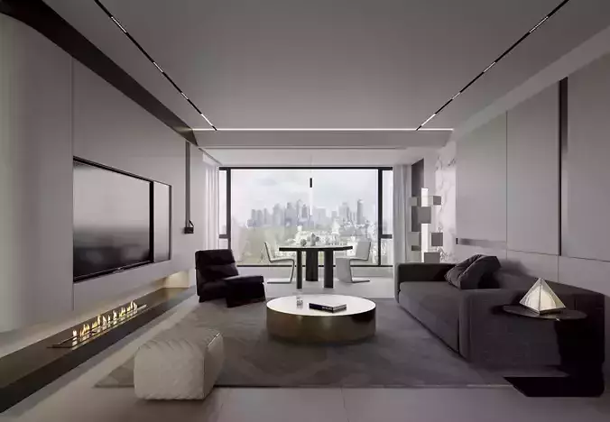 Modern living and dining room kitchen